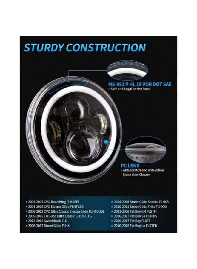 مصباح أمامي LED هالو مقاس 7 بوصات مع هالة بيضاء، متوافق مع دراجات إلكترا جلايد، ستريت جلايد، فات بوي، رود كينج، هيريتدج، سوفتيل، مصباح أمامي ثنائي اللون، أسود - Image 1